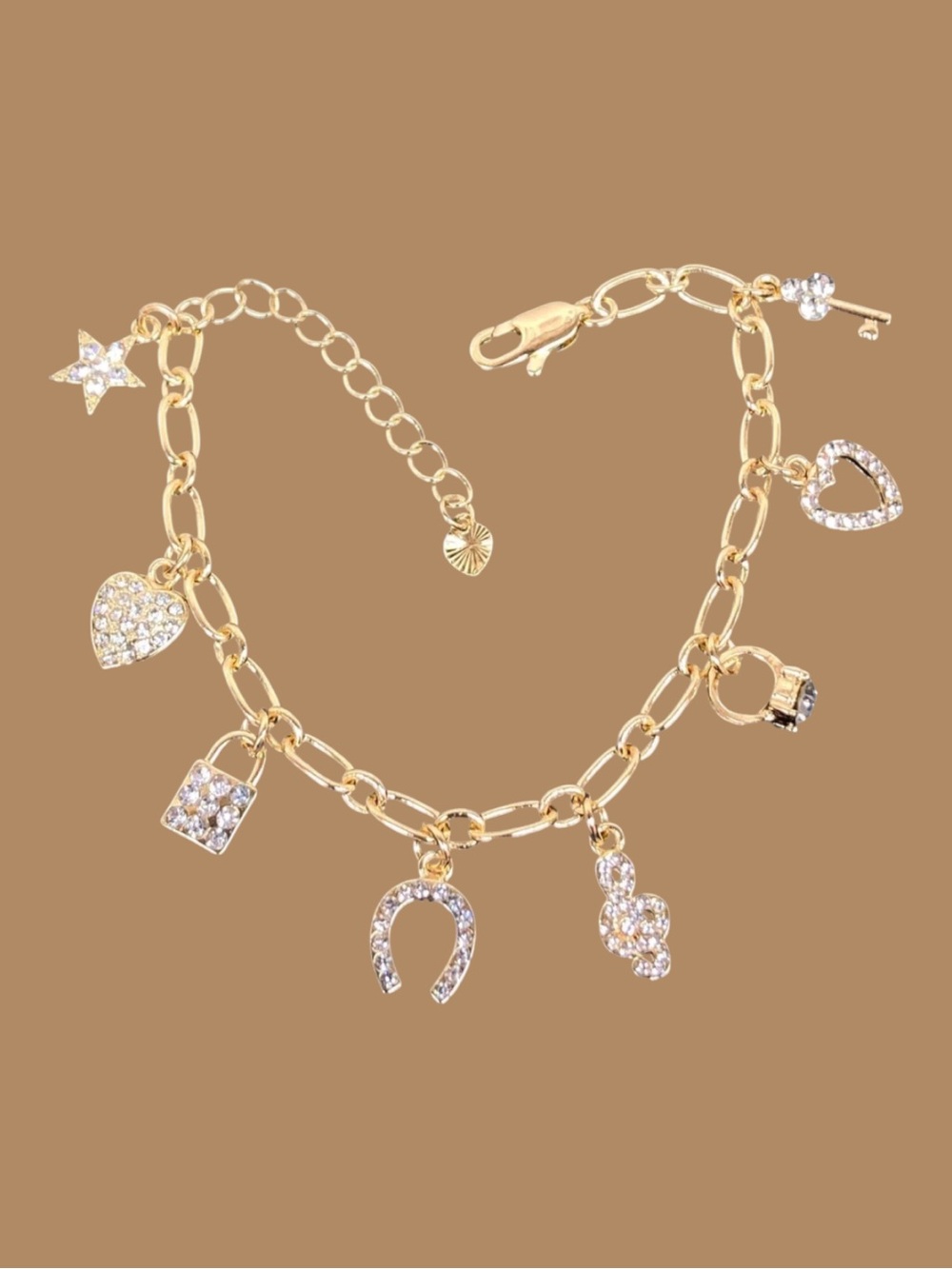 Gold Crystal Charm Bracelet with Multi-Shape Charms - Women Jewelry